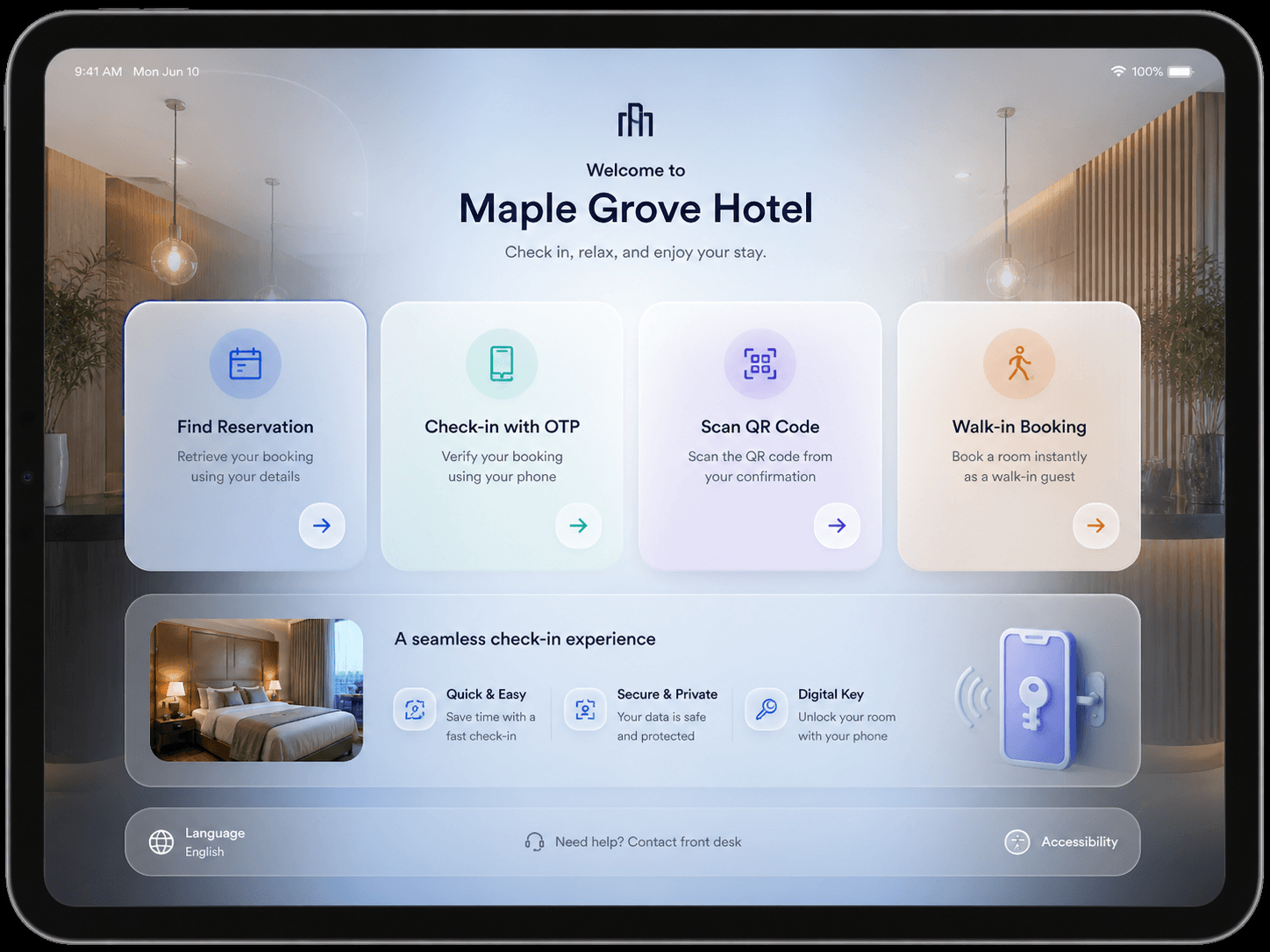 iPad kiosk interface for digital hotel check-in and room key delivery